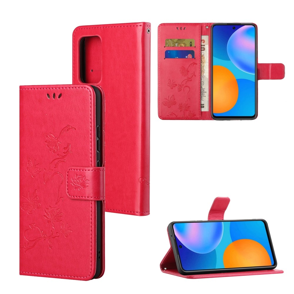 Läderfodral Fjärilar Xiaomi Redmi Note 11 röd