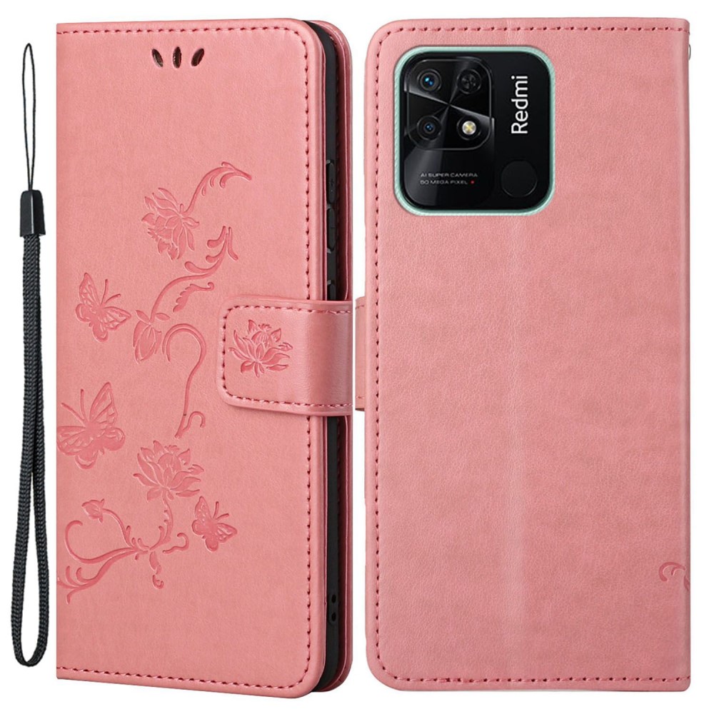 Läderfodral Fjärilar Xiaomi Redmi 10C rosa