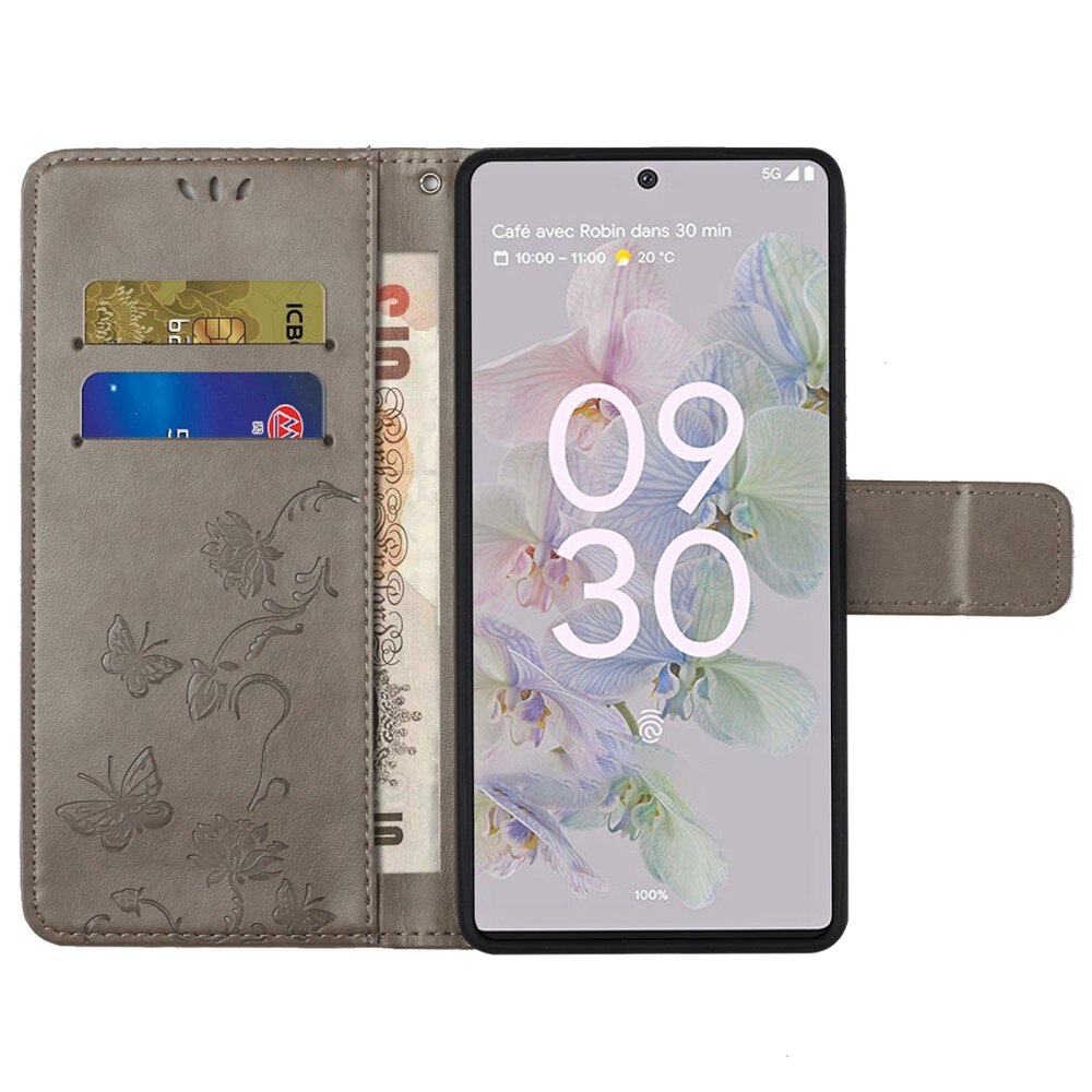 Läderfodral Fjärilar Google Pixel 6a Grå