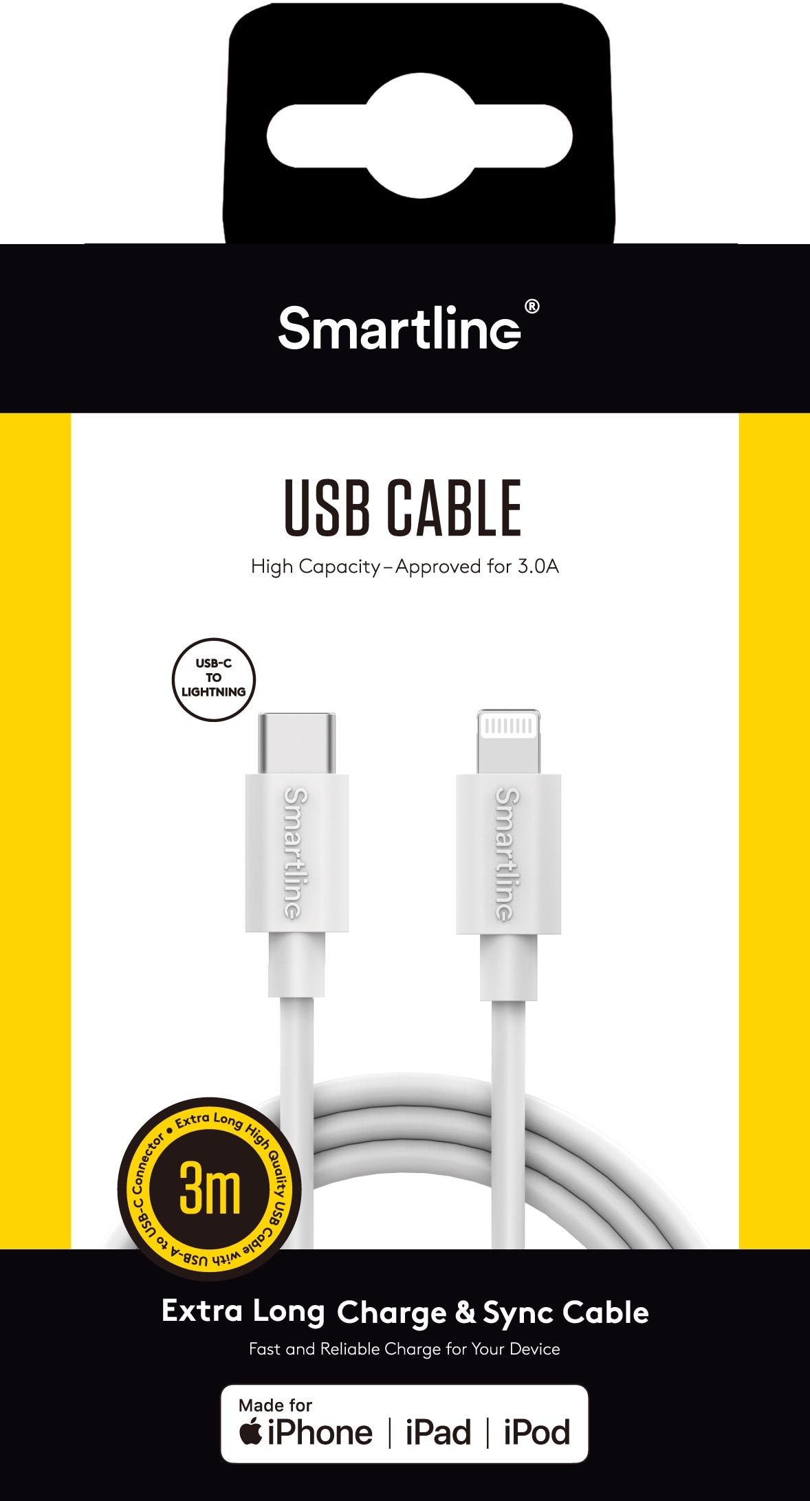 USB-kabel USB-C -> Lightning 3m Vit