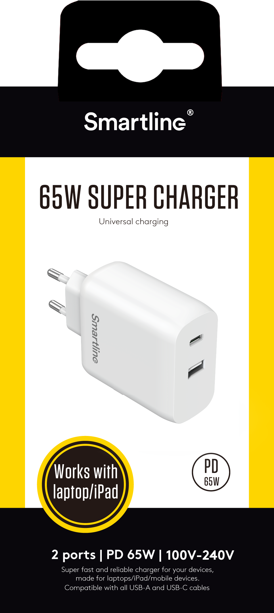 Power Delivery Laddare GaN 65W Dual USB-C+A Vit