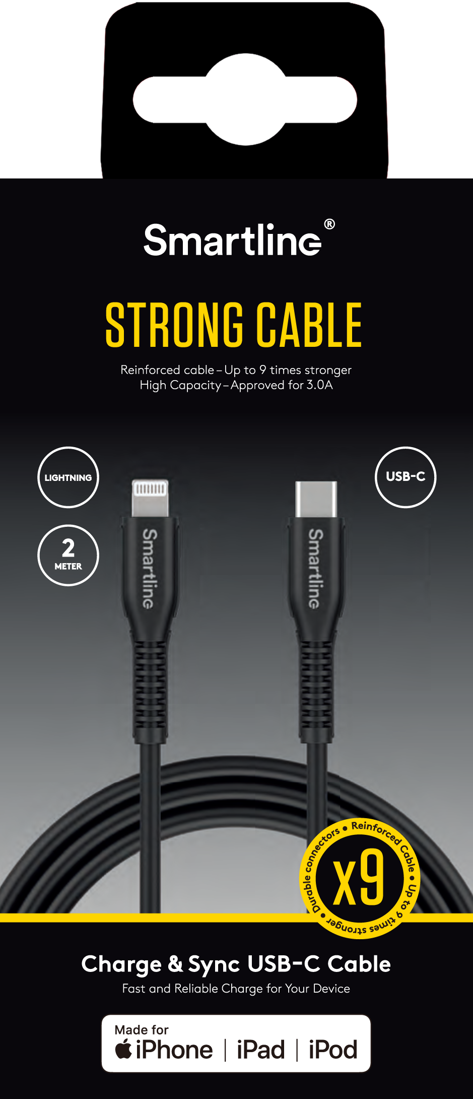 Strong USB-kabel USB-C - Lightning 2m svart