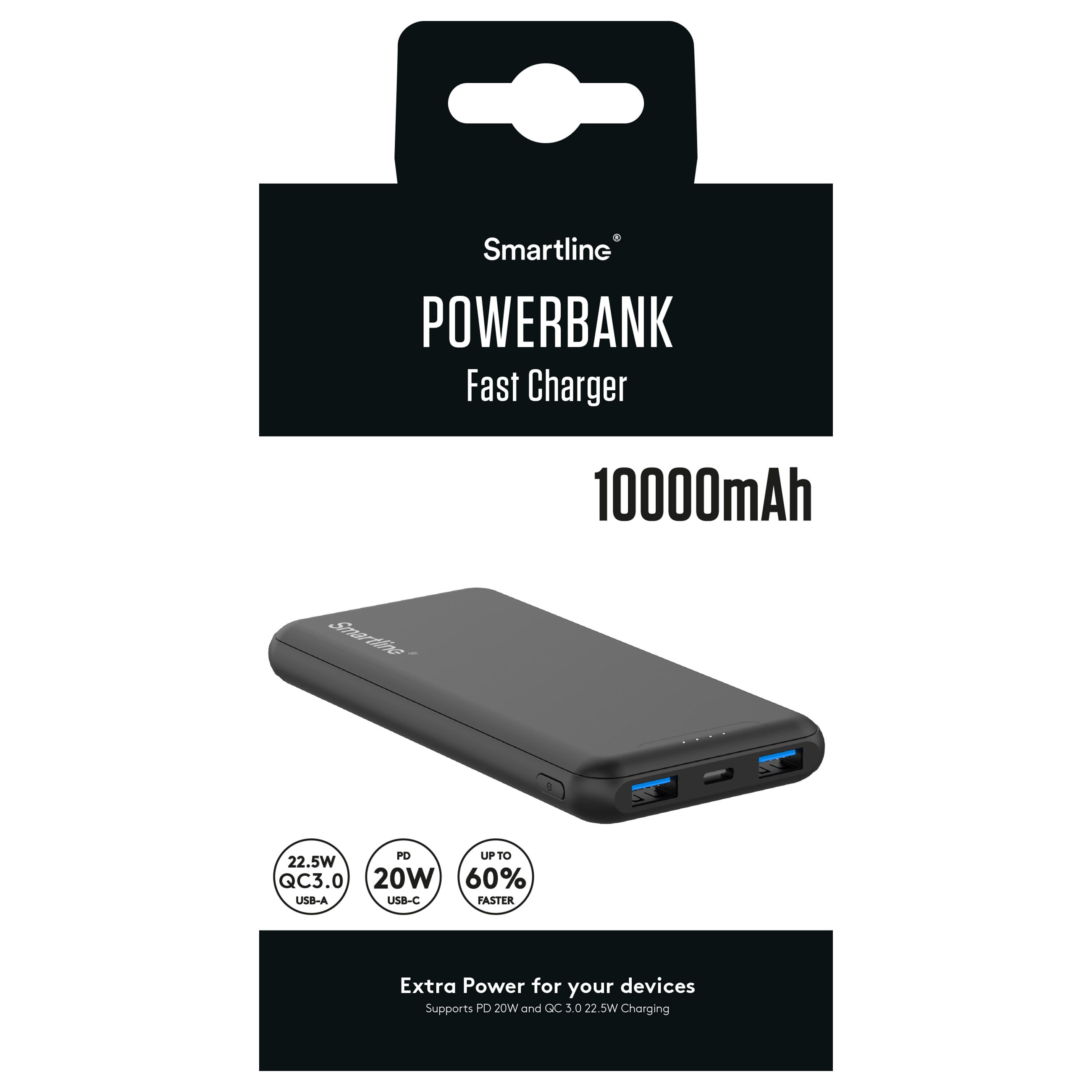 Powerbank 10000 mAh USB-A + USB-C PD svart