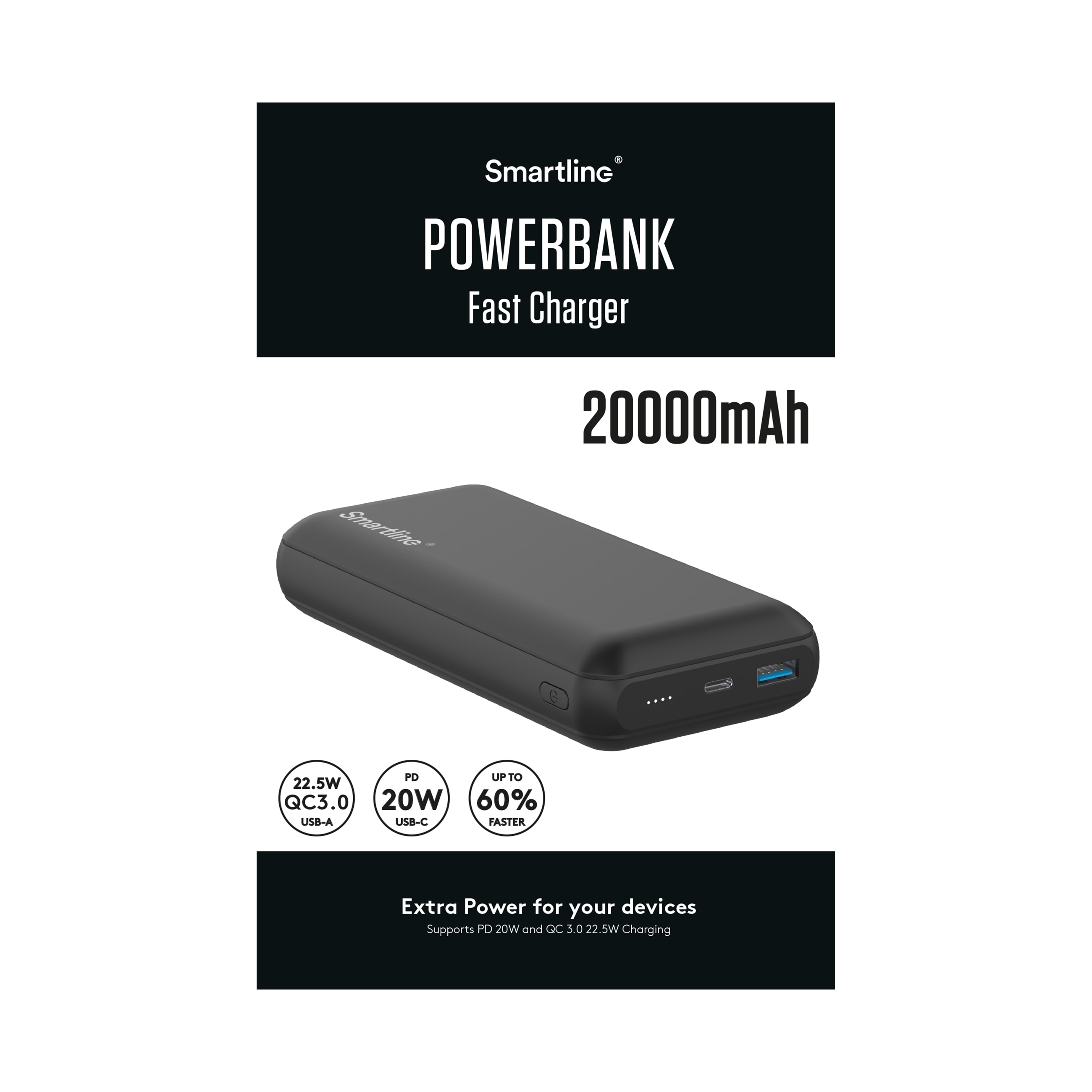 Powerbank 20000 mAh USB-A + USB-C PD svart
