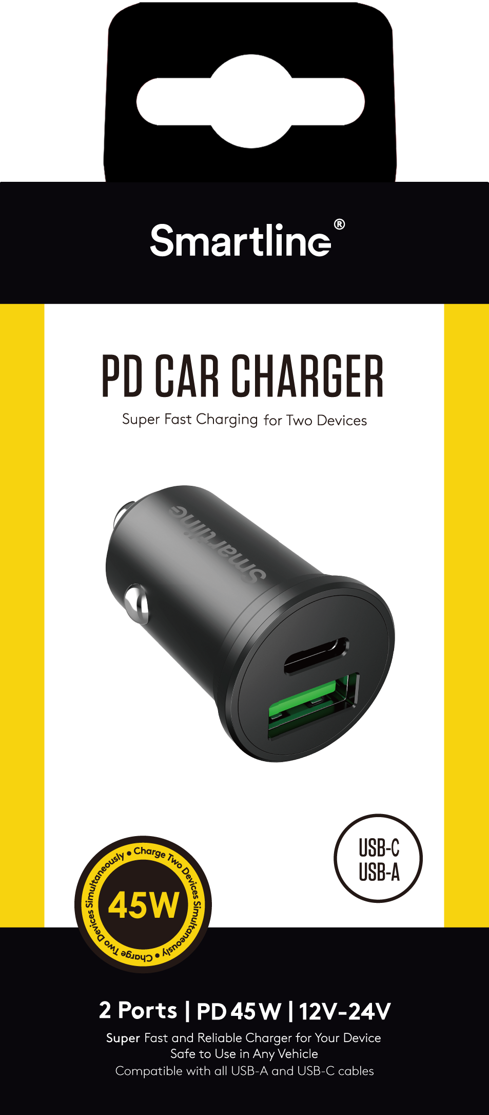 PD Dual Billaddare USB-C + USB-A 45W 12V-24V svart