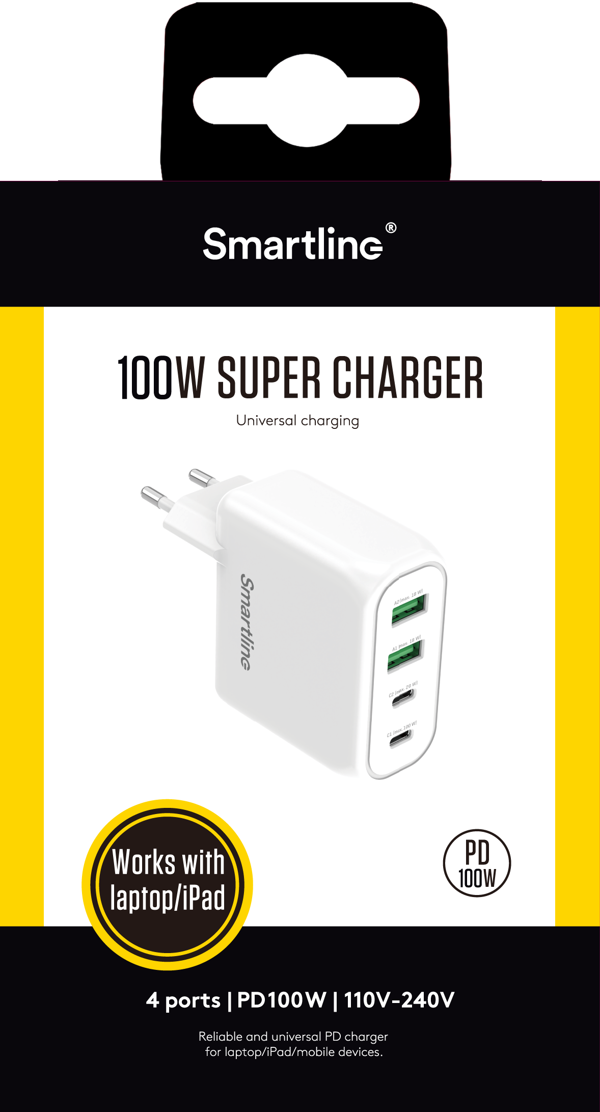 Väggladdare PD 100W 4 Port USB-C + USB-A vit