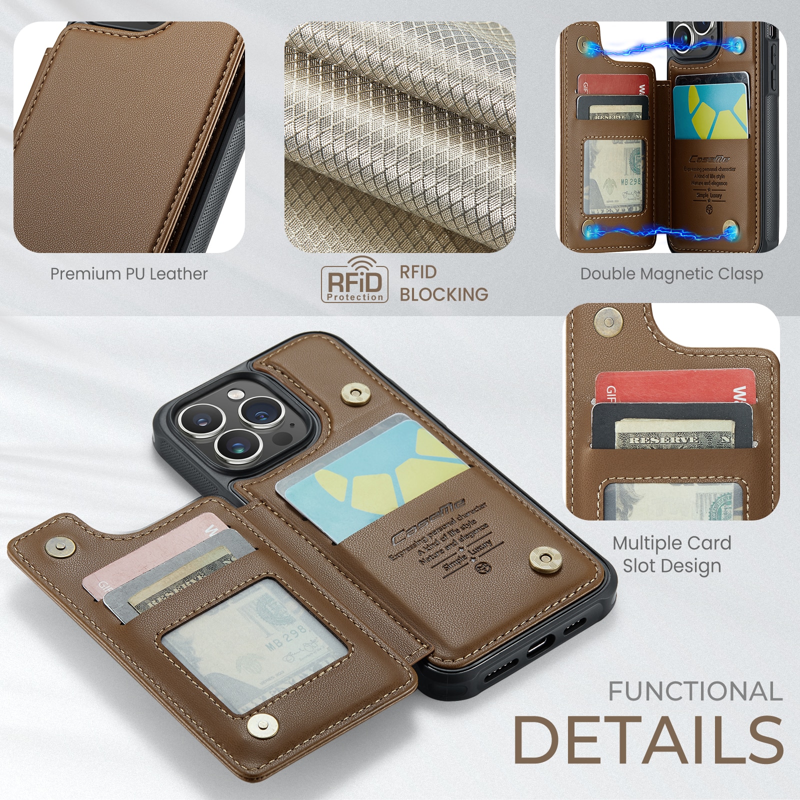 Plånboksskal RFID-skydd iPhone 15 Pro Max brun
