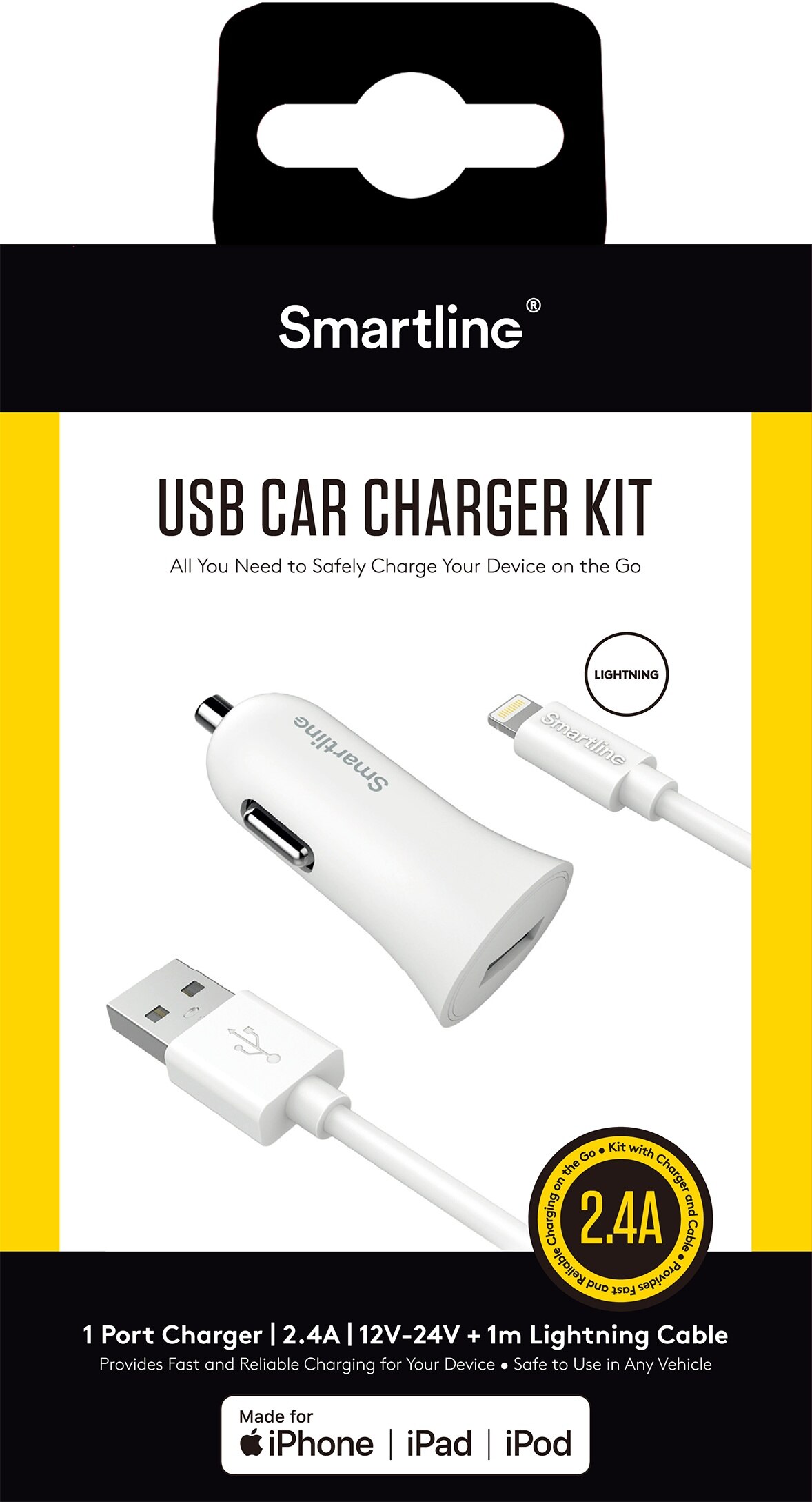 Billaddare USB+1M Lightning Kabel Vit