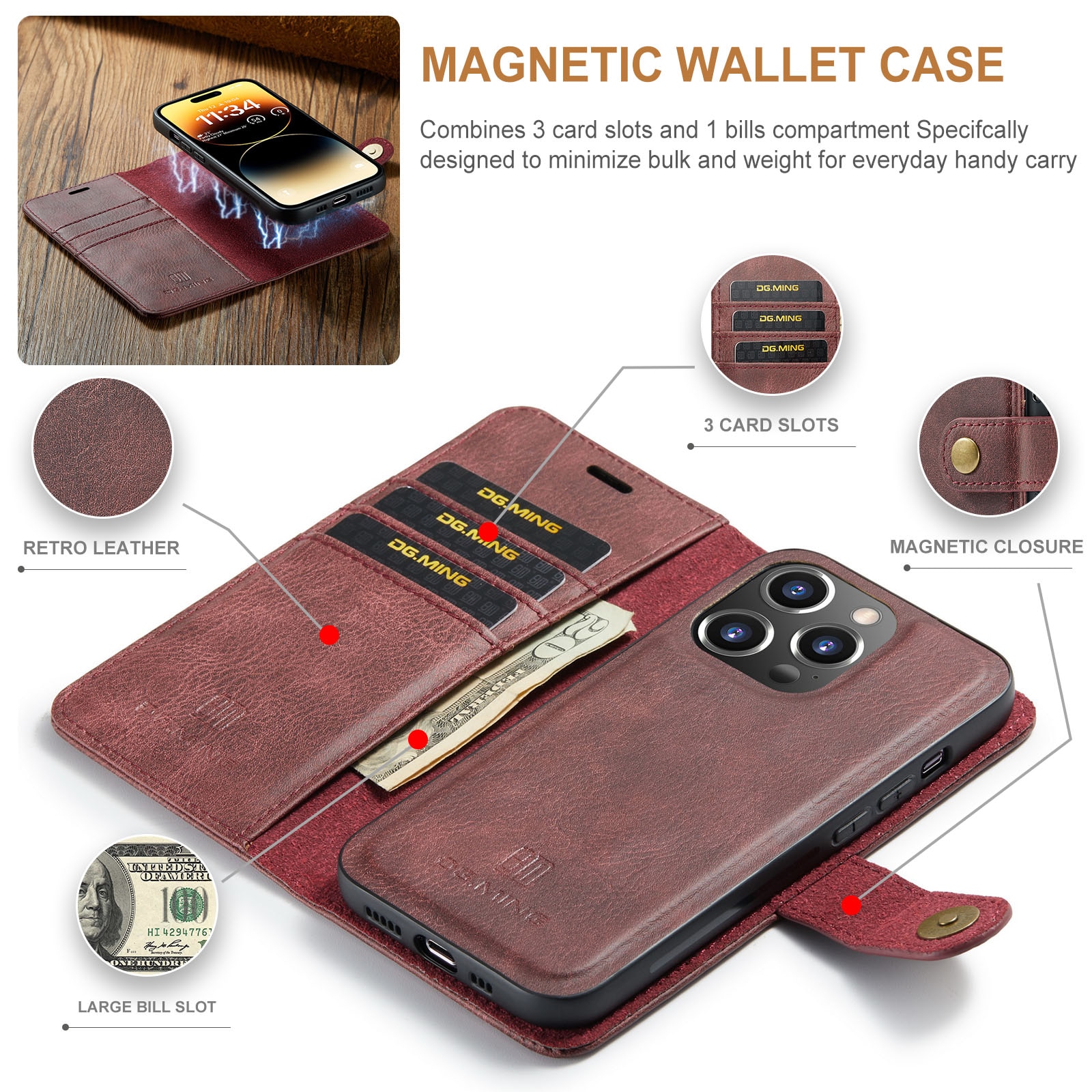 Magnet Wallet iPhone 14 Pro Max Red