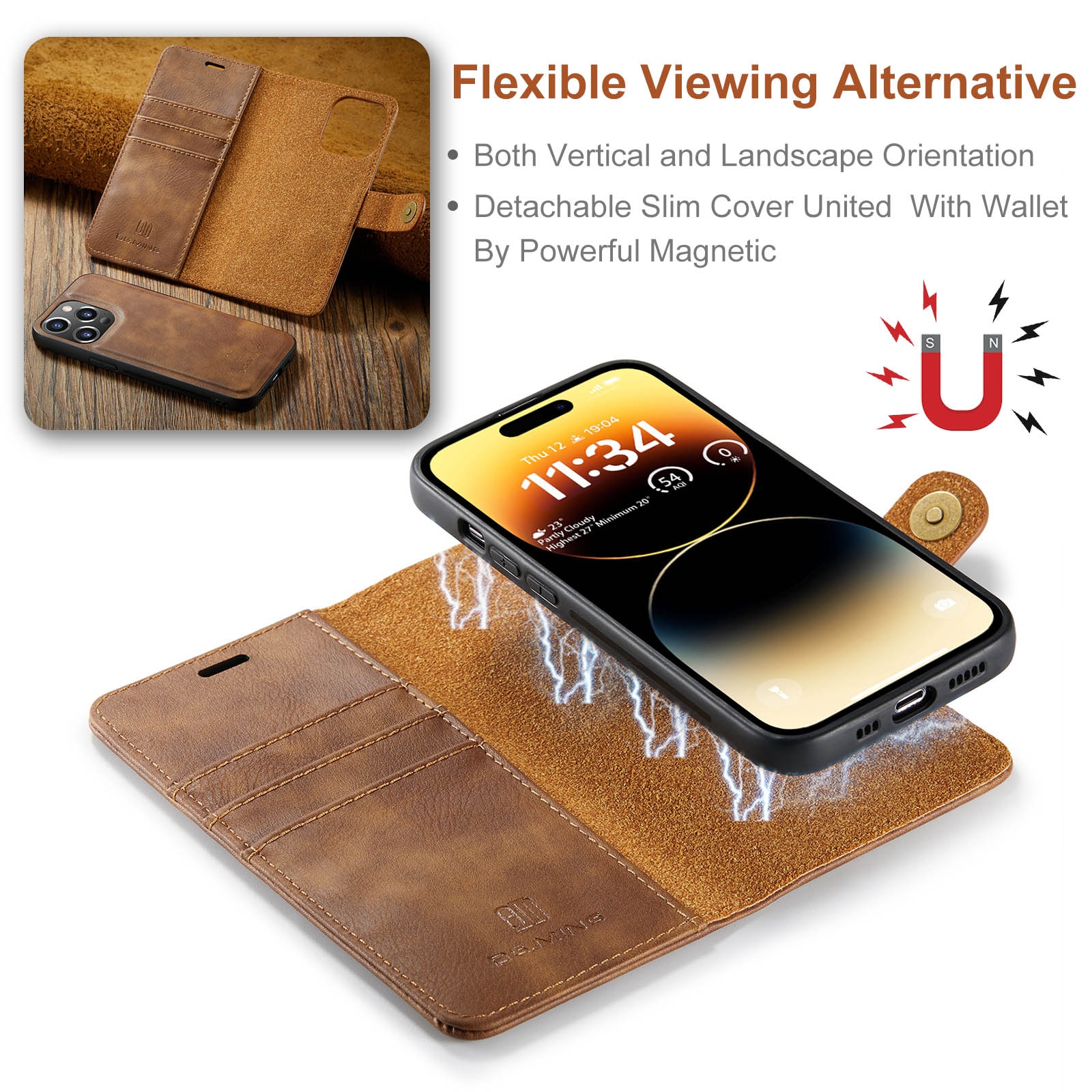 Magnet Wallet iPhone 14 Pro Cognac