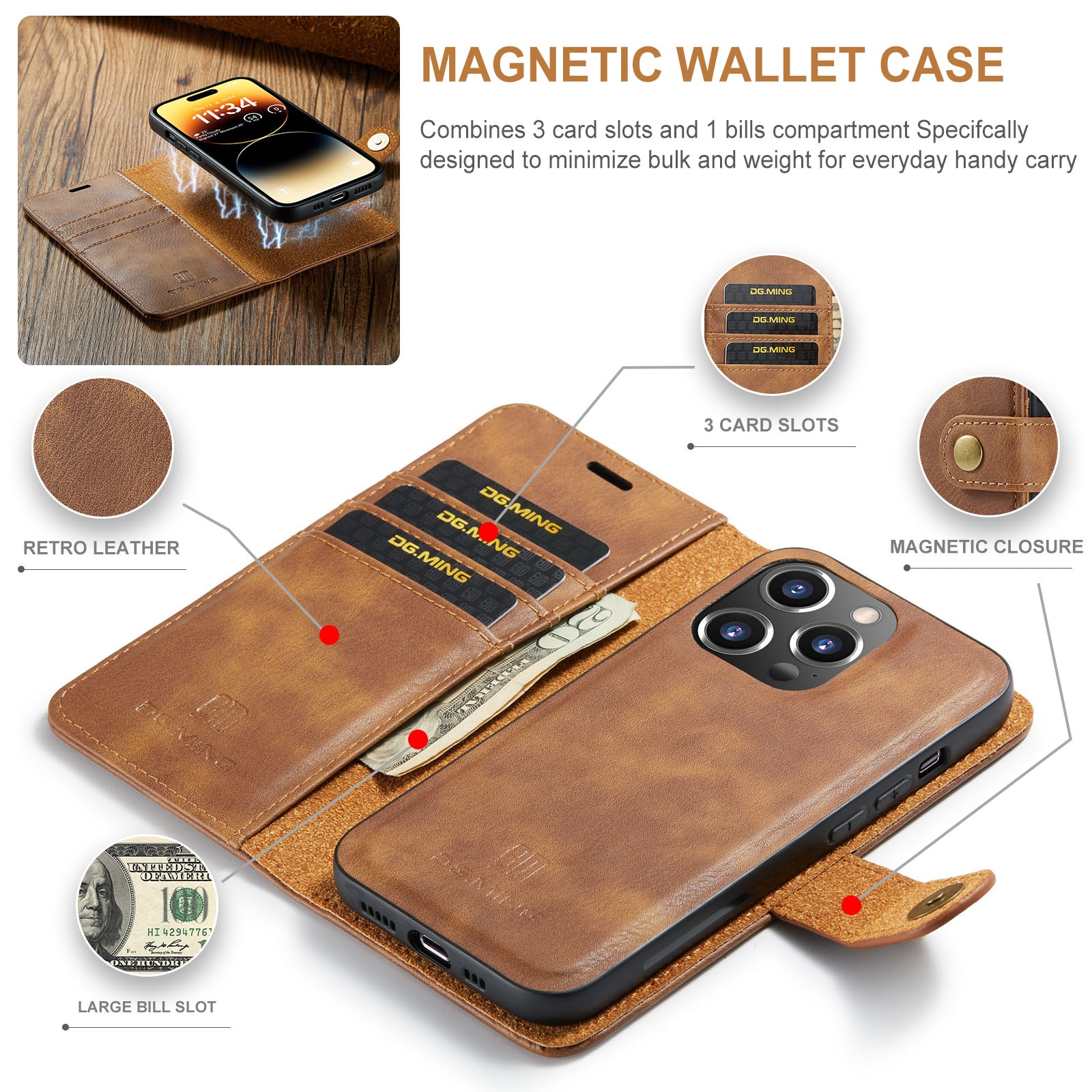 Magnet Wallet iPhone 14 Pro Max Cognac