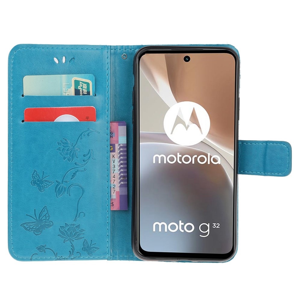 Läderfodral Fjärilar Motorola Moto G32 blå