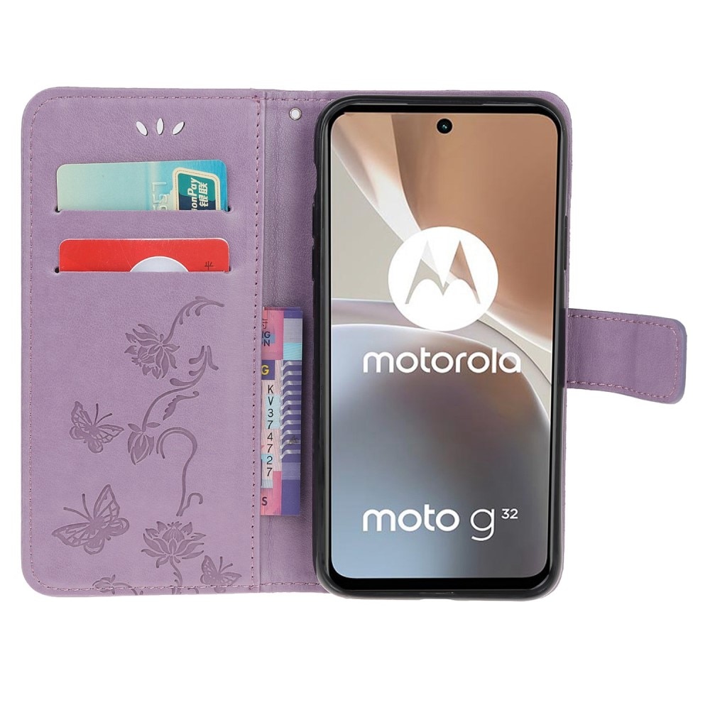 Läderfodral Fjärilar Motorola Moto G32 lila