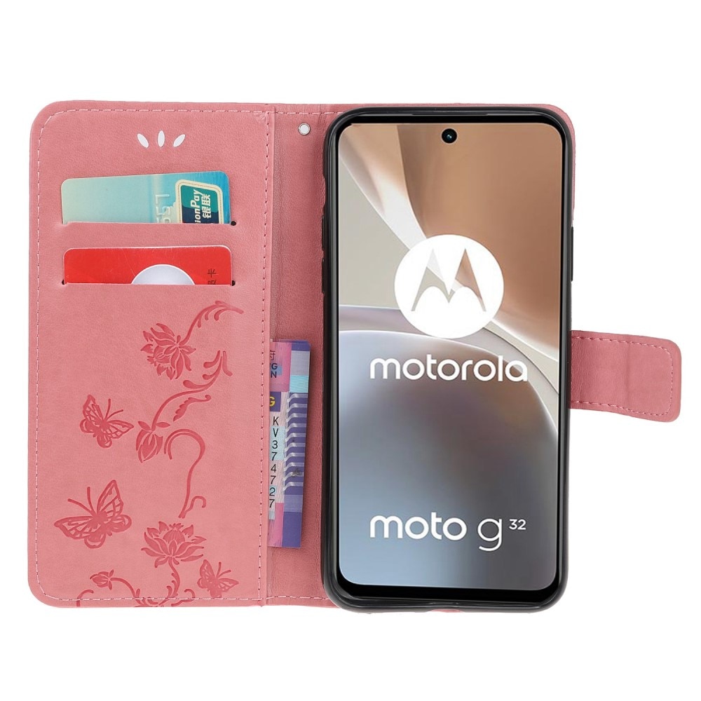 Läderfodral Fjärilar Motorola Moto G32 rosa