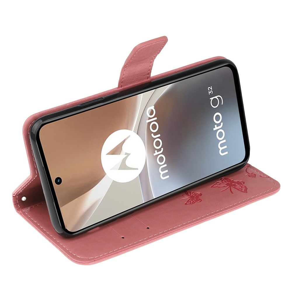 Läderfodral Fjärilar Motorola Moto G32 rosa