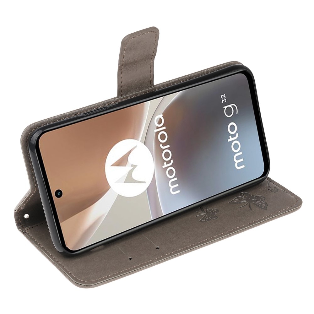 Läderfodral Fjärilar Motorola Moto G32 grå