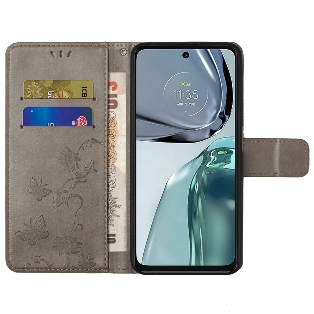 Läderfodral Fjärilar Motorola Moto G62 Grå