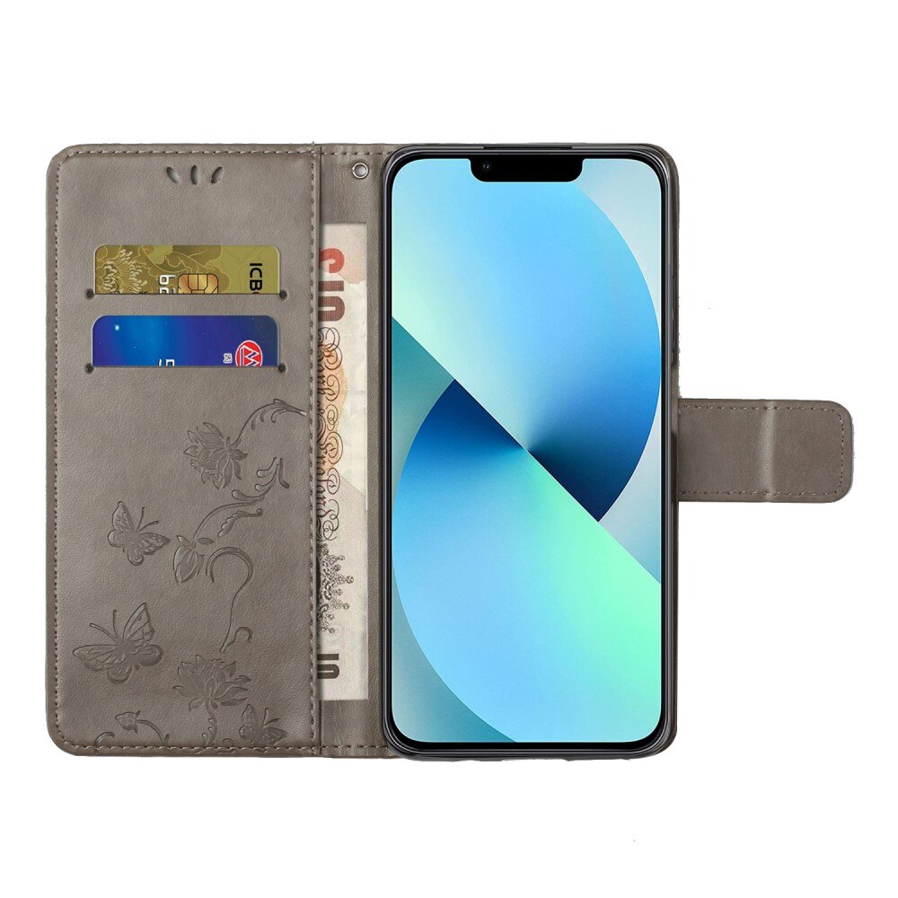 Läderfodral Fjärilar iPhone 14 Grå