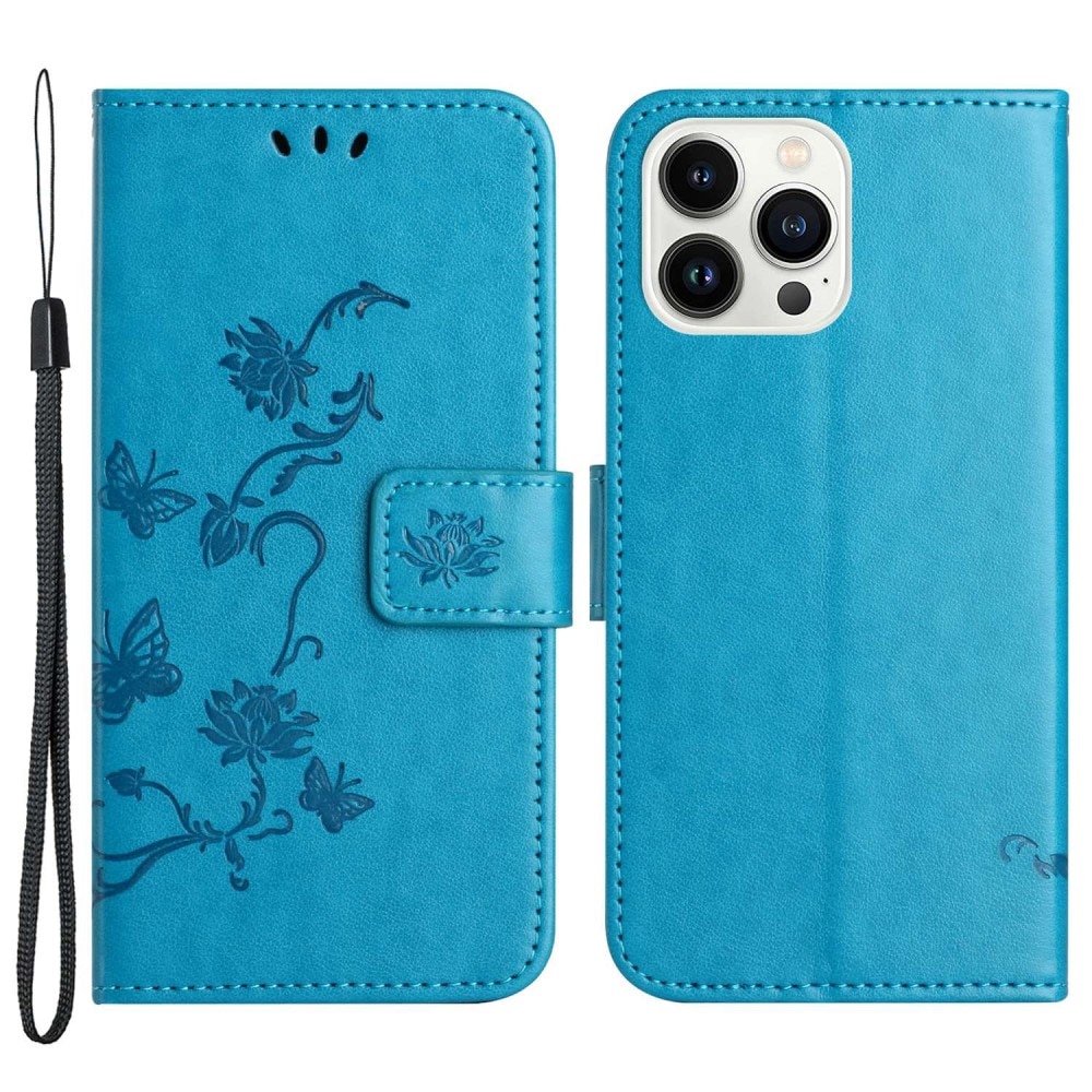 Läderfodral Fjärilar iPhone 14 Pro Blå