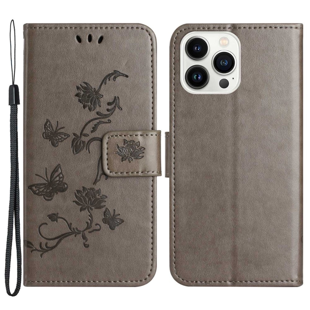 Läderfodral Fjärilar iPhone 14 Pro Grå