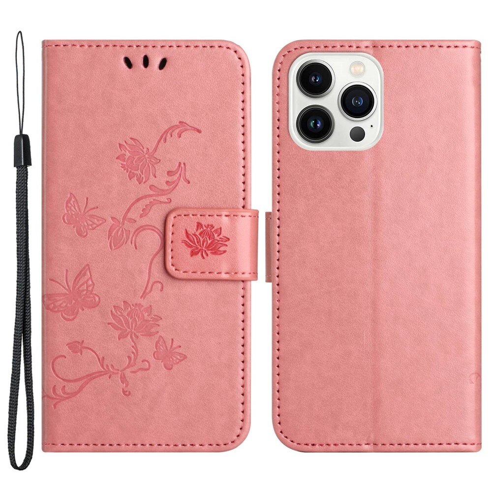 Läderfodral Fjärilar Apple iPhone 14 Pro Rosa