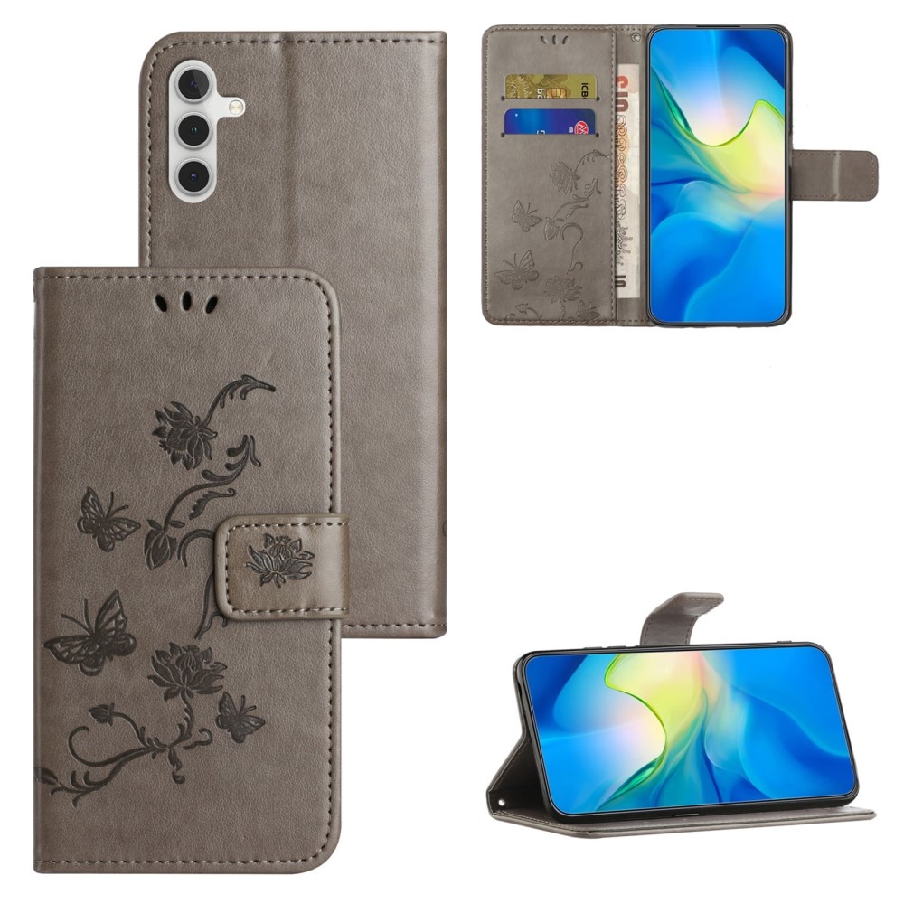 Läderfodral Fjärilar Samsung Galaxy S24 FE Grå