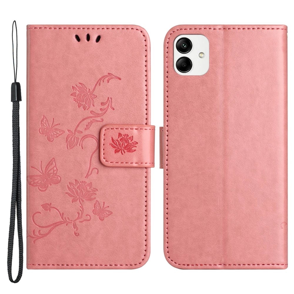 Läderfodral Fjärilar Samsung Galaxy A04 rosa