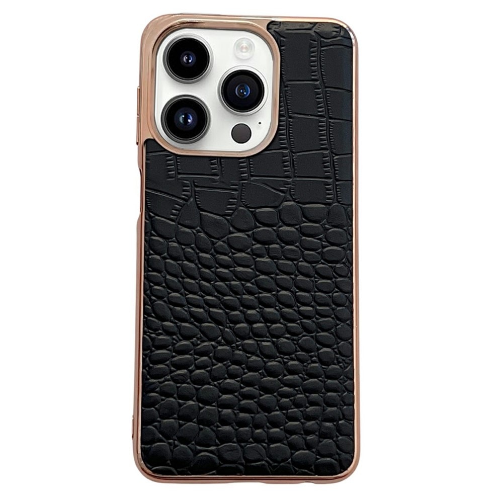 Skal Äkta Läder Krokodil iPhone 14 Pro svart/roséguld