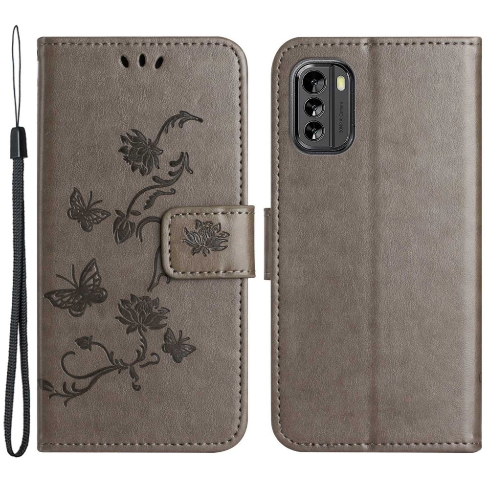 Läderfodral Fjärilar  Nokia G60 Grå