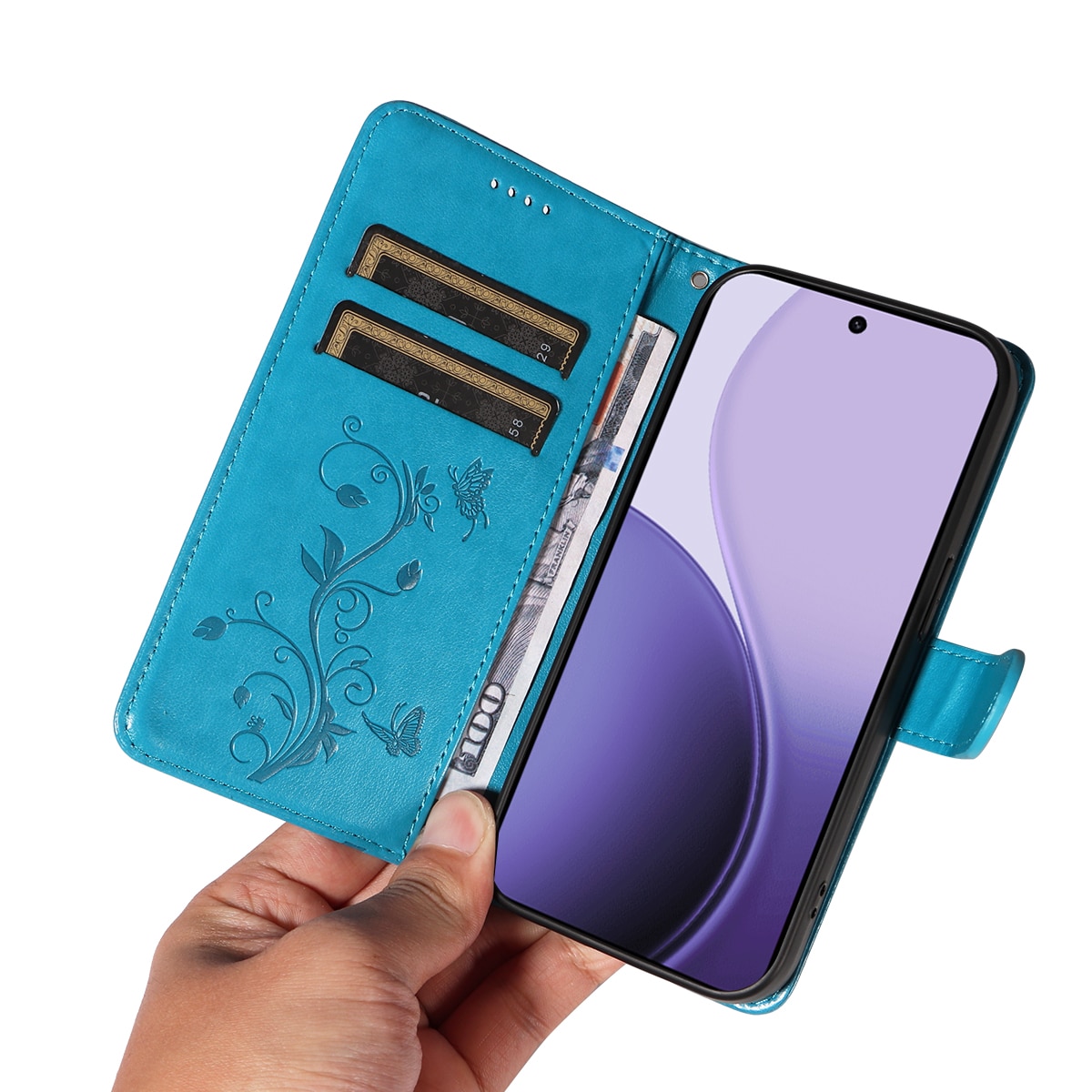 Läderfodral Fjärilar Oppo Reno 14 F Blå