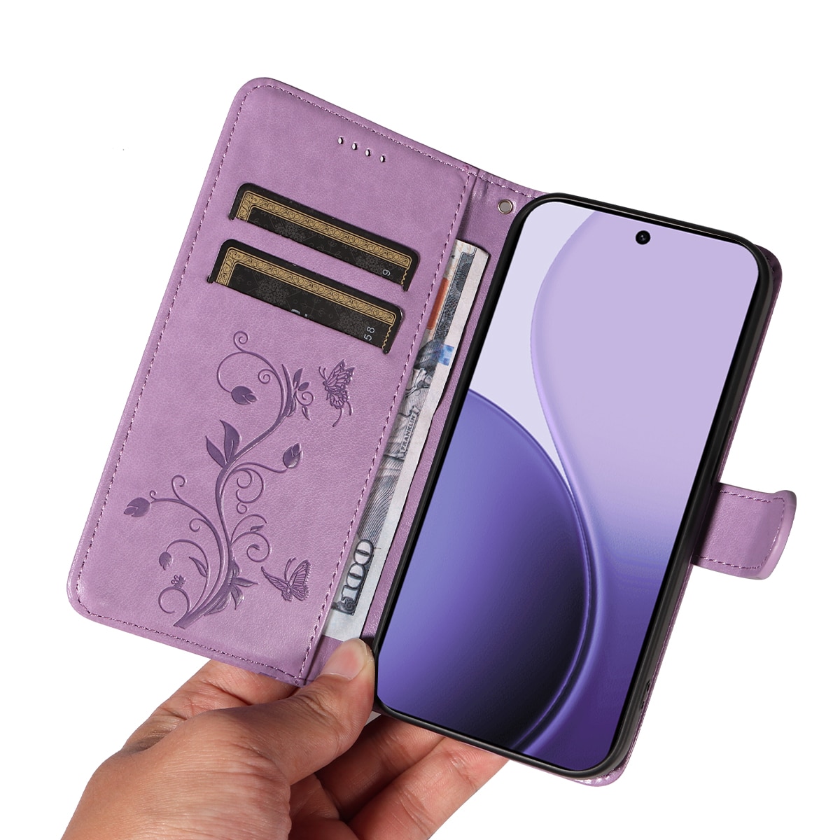Läderfodral Fjärilar Oppo Reno 14 Lila