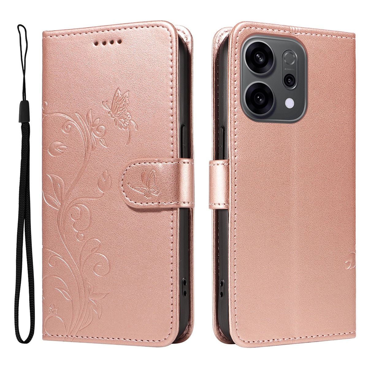 Läderfodral Fjärilar Oppo Reno 14 Roséguld