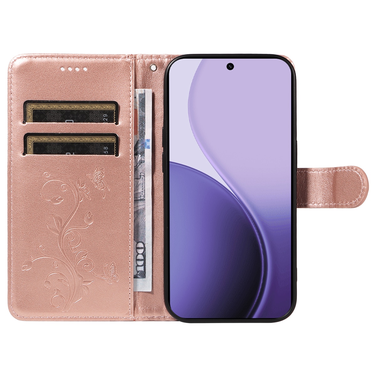 Läderfodral Fjärilar Oppo Reno 14 Roséguld