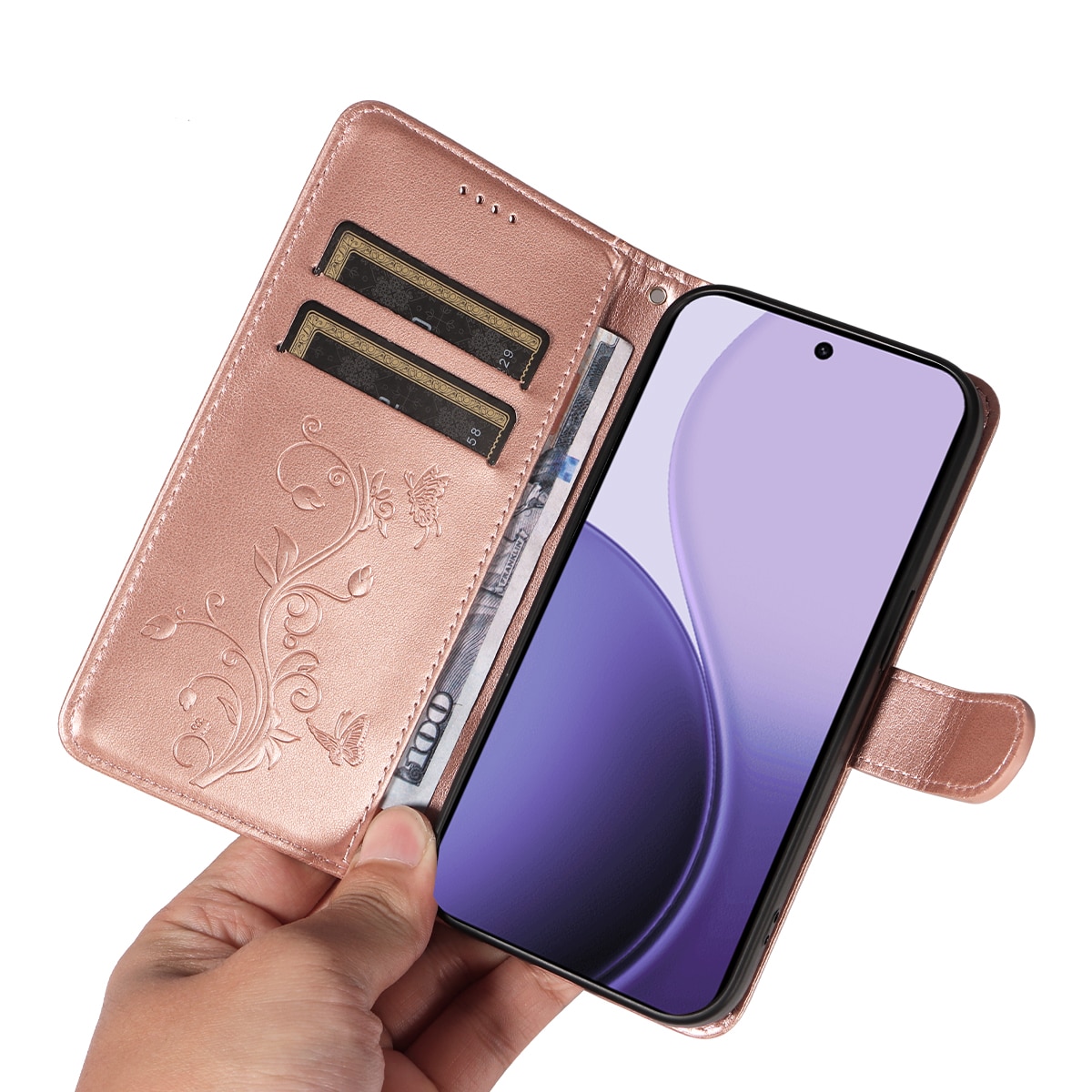 Läderfodral Fjärilar Oppo Reno 14 Roséguld