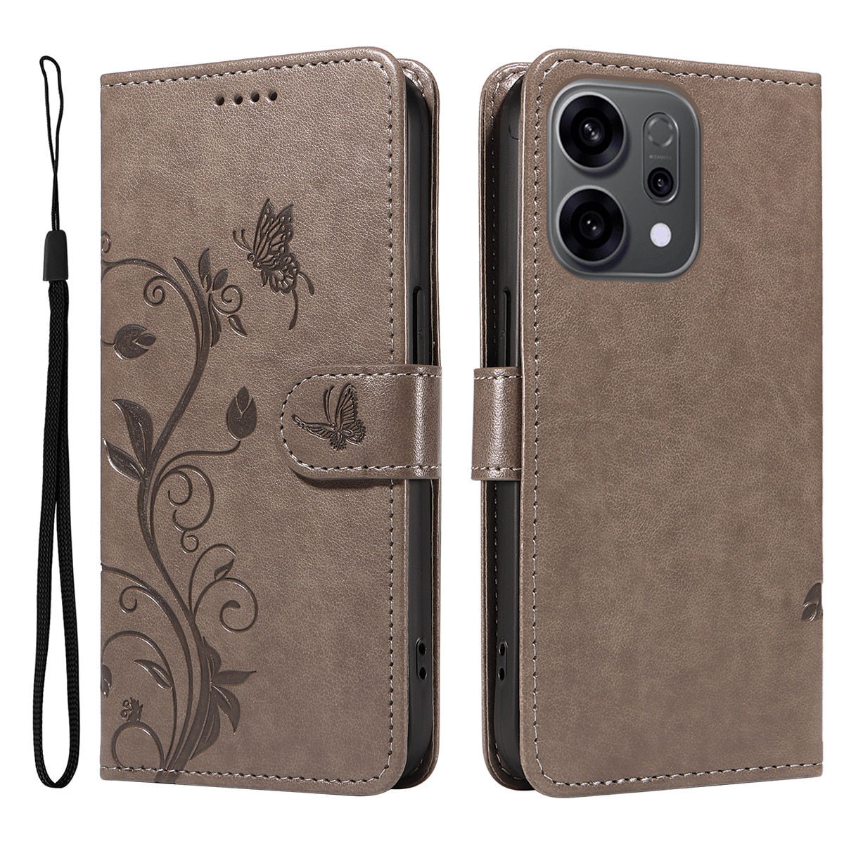Läderfodral Fjärilar Oppo Reno 14 F Grå