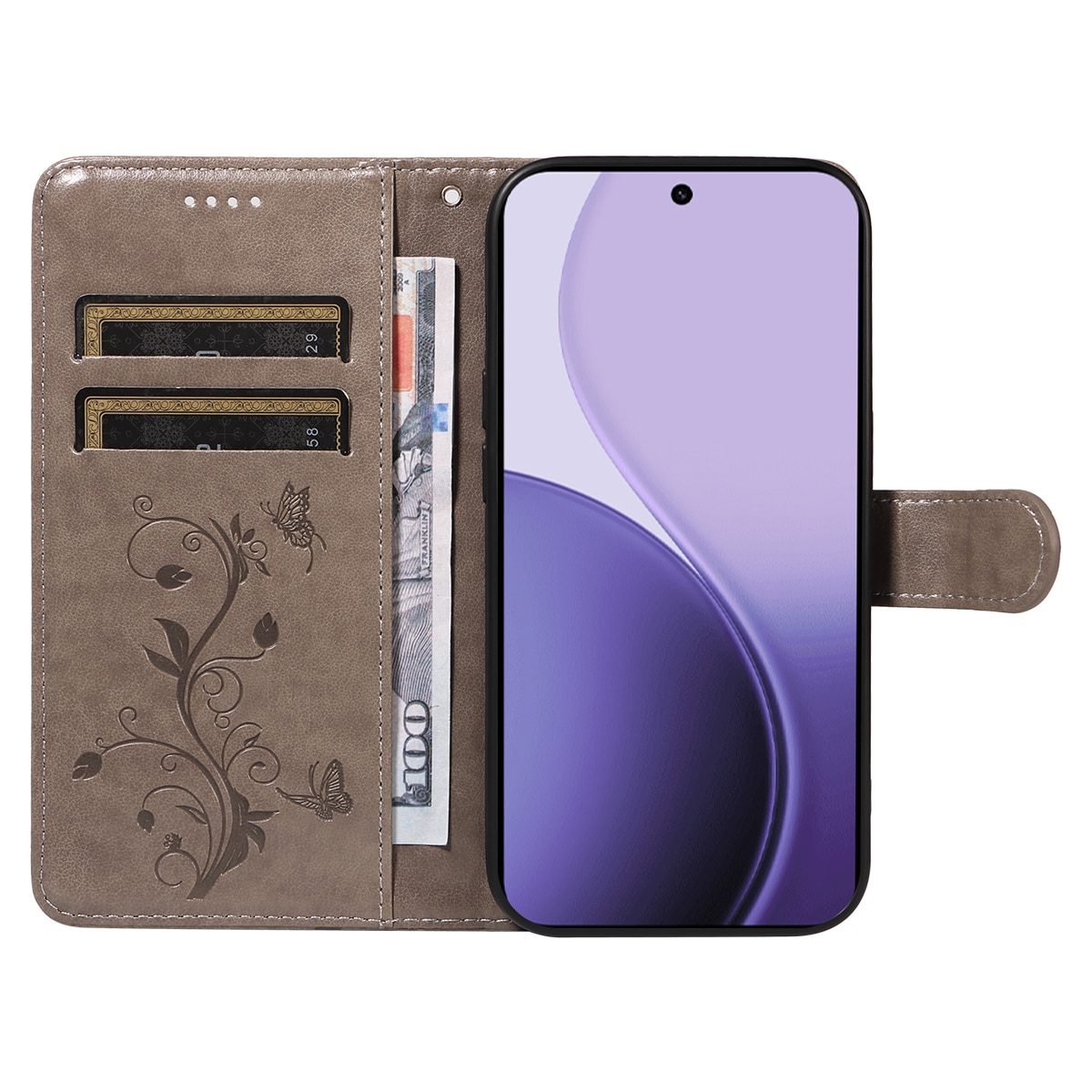 Läderfodral Fjärilar Oppo Reno 14 F Grå