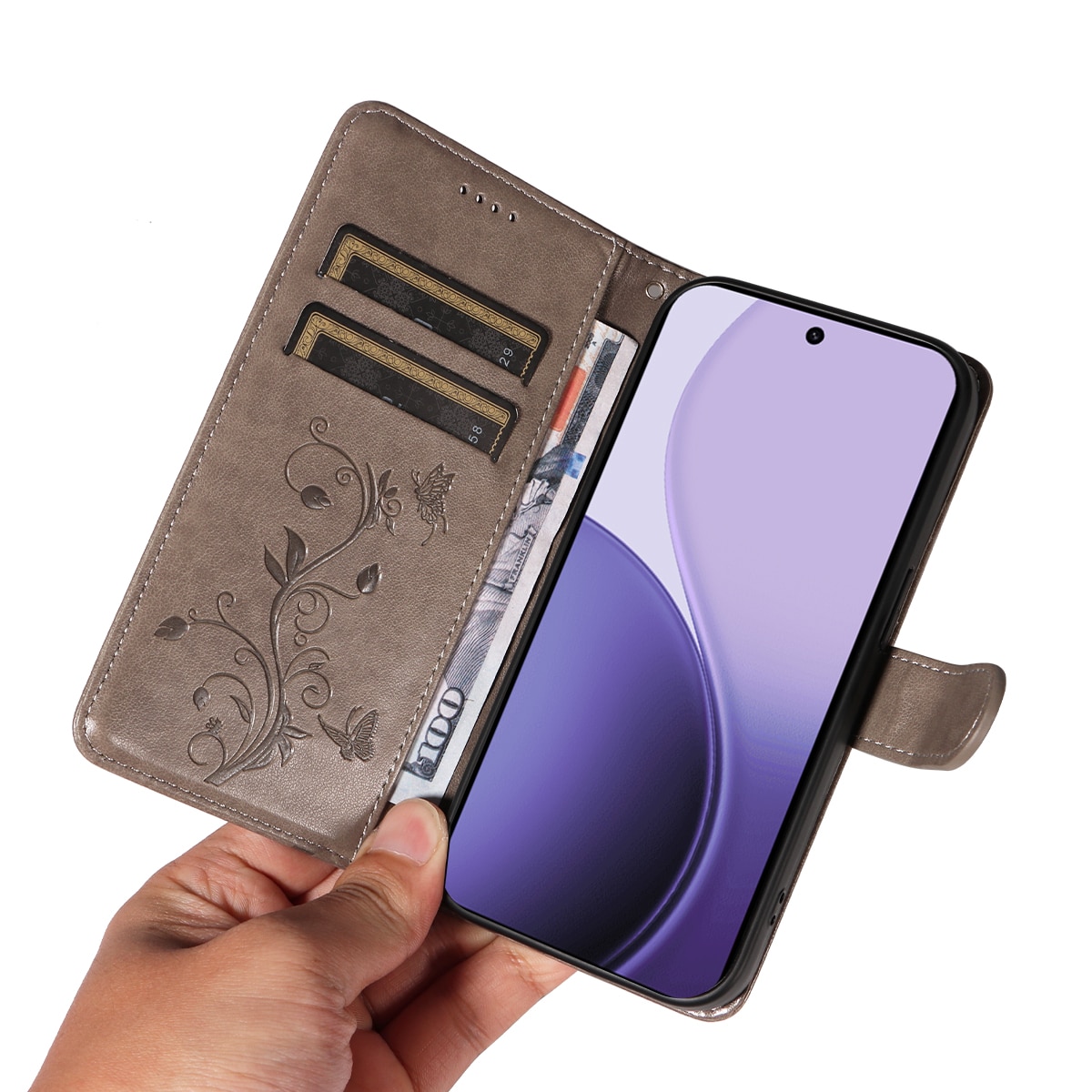 Läderfodral Fjärilar Oppo Reno 14 F Grå