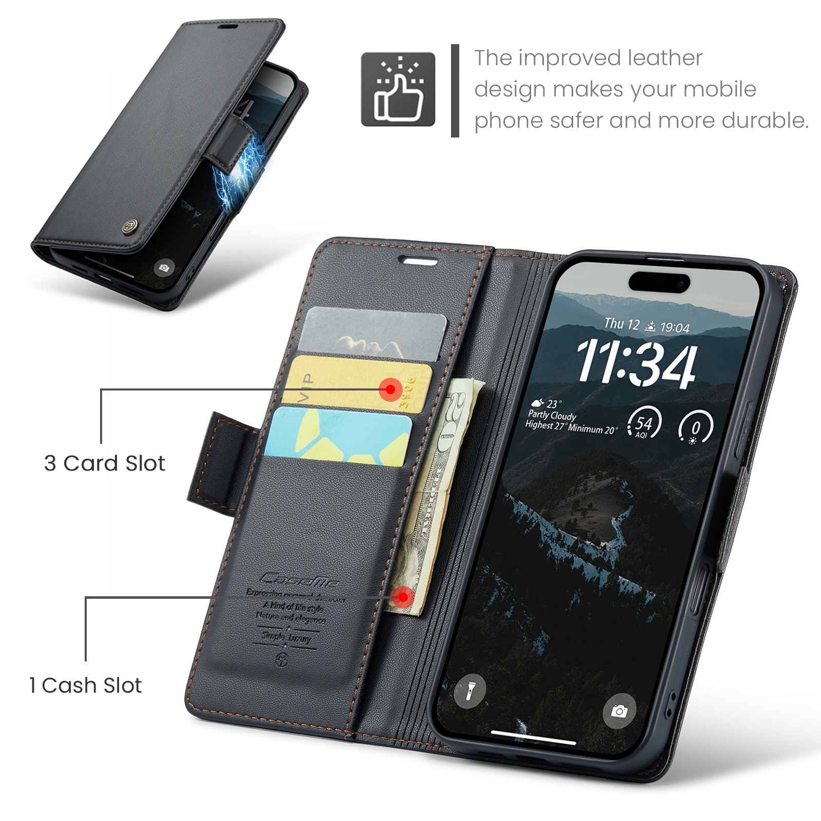 Slim Plånboksfodral RFID-skydd iPhone 17 Pro Svart