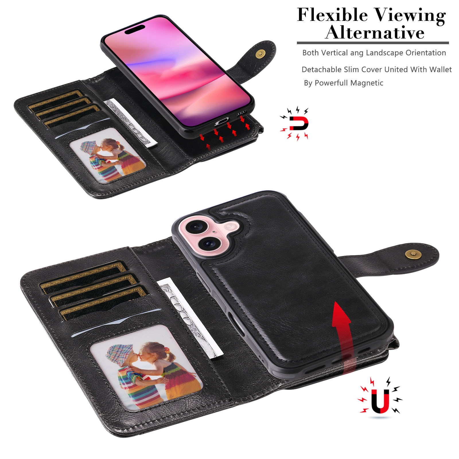 Magnet Leather Multi-Wallet iPhone 17 svart