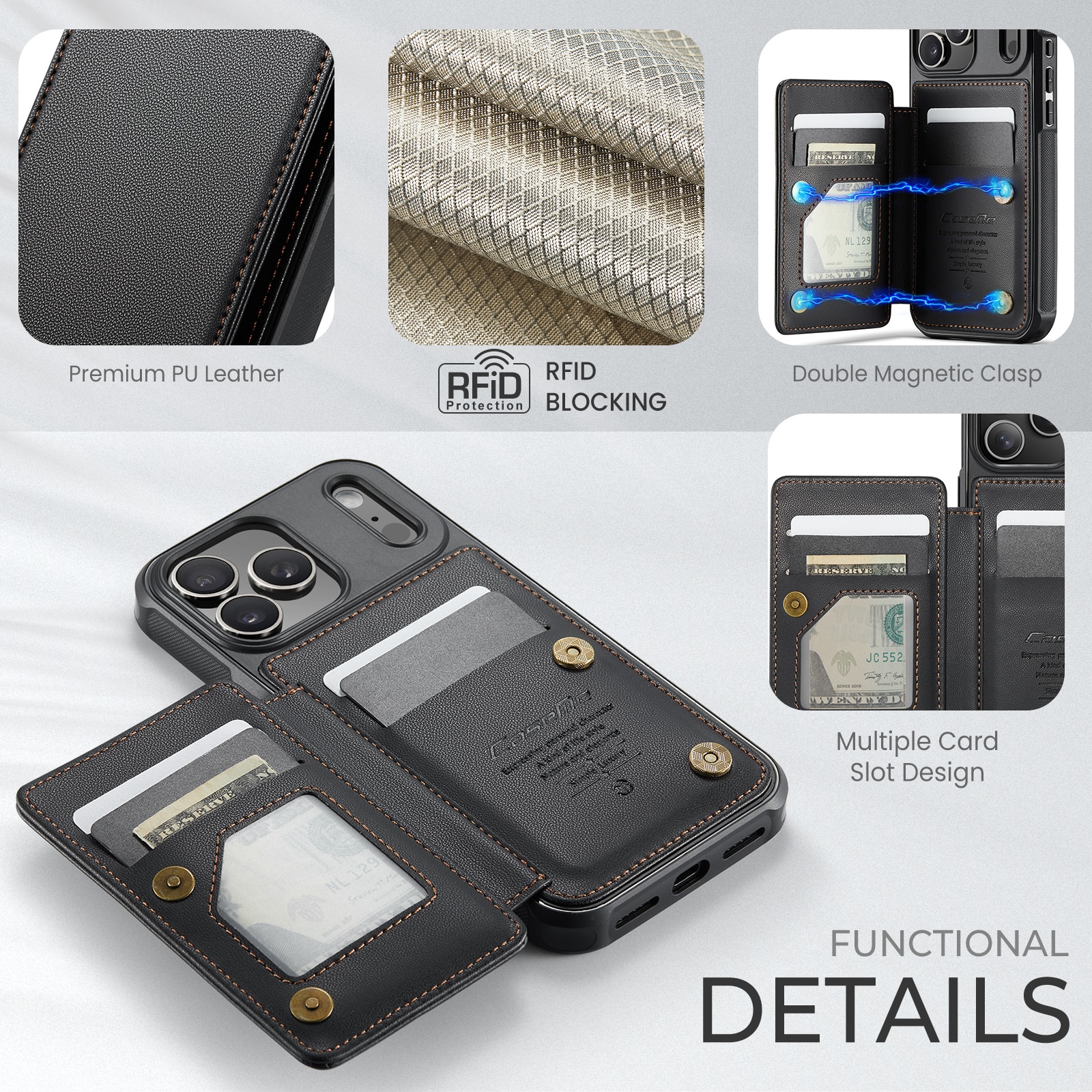 Plånboksskal RFID-skydd iPhone 17 Pro Max svart