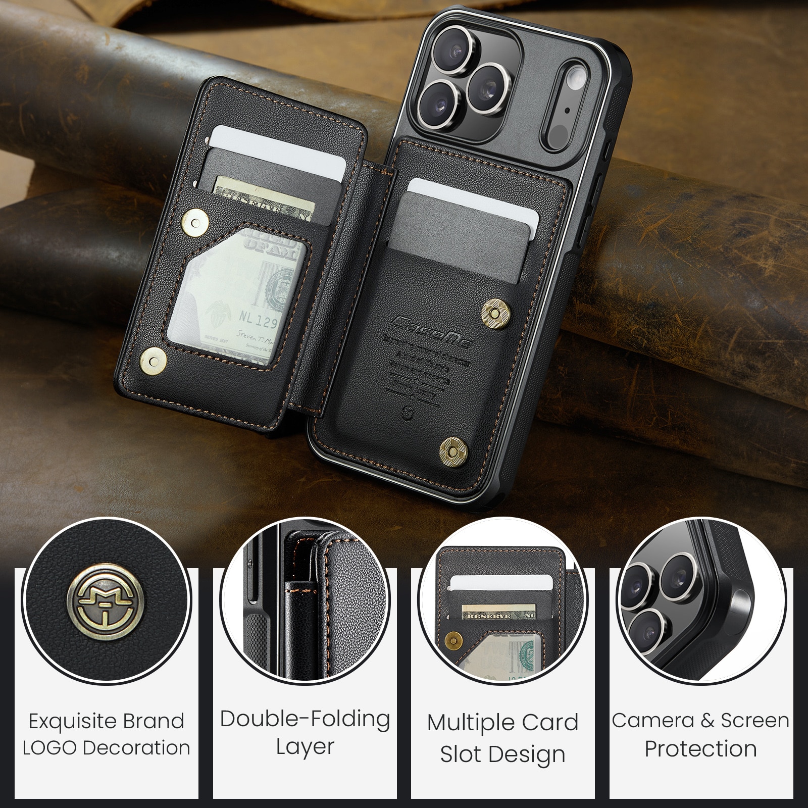 Plånboksskal RFID-skydd iPhone 17 Pro Max svart