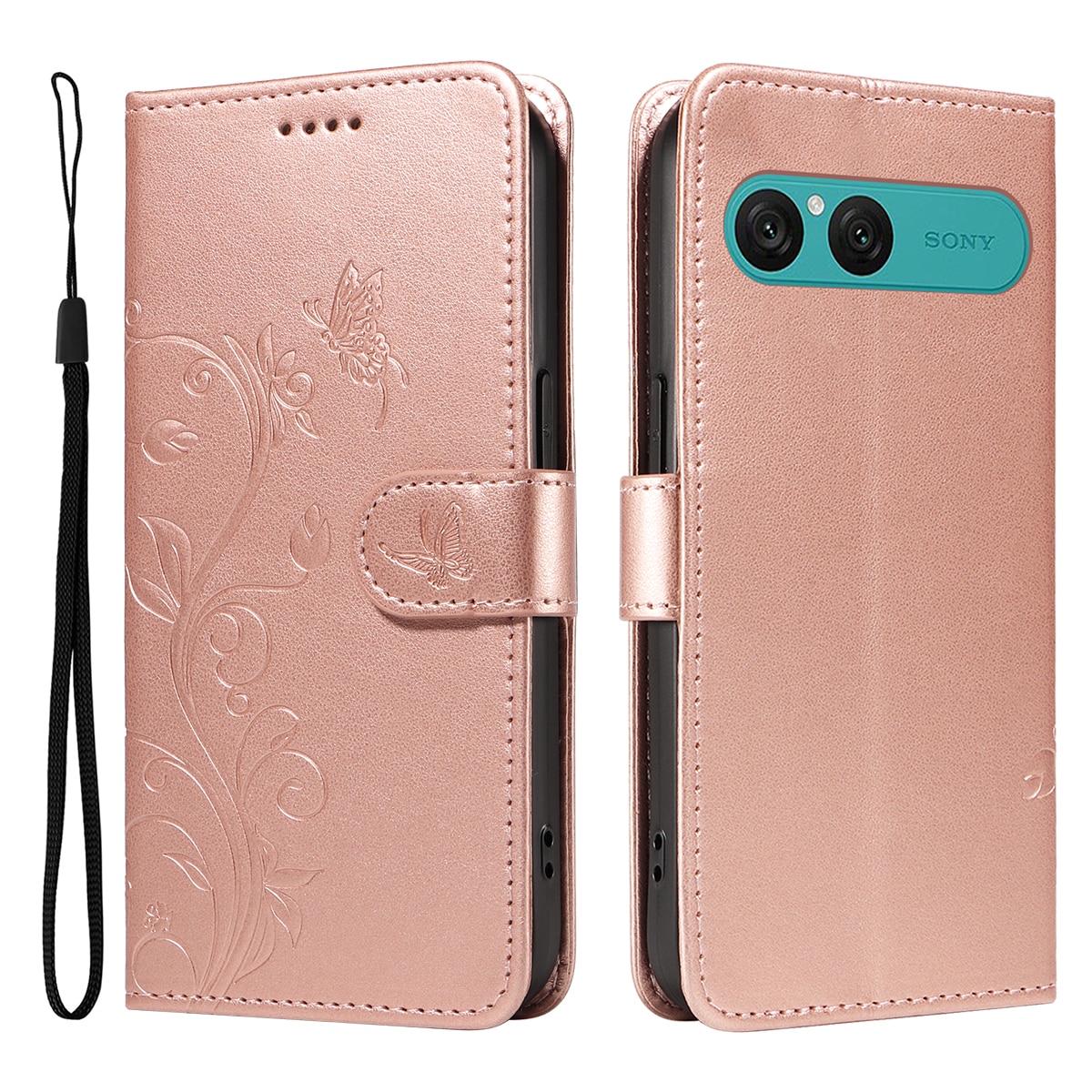Läderfodral Fjärilar Sony Xperia 10 VII Roséguld