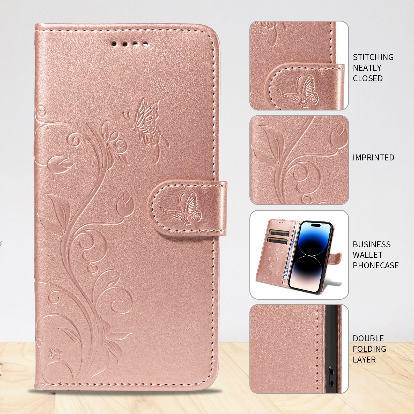 Läderfodral Fjärilar Sony Xperia 10 VII Roséguld