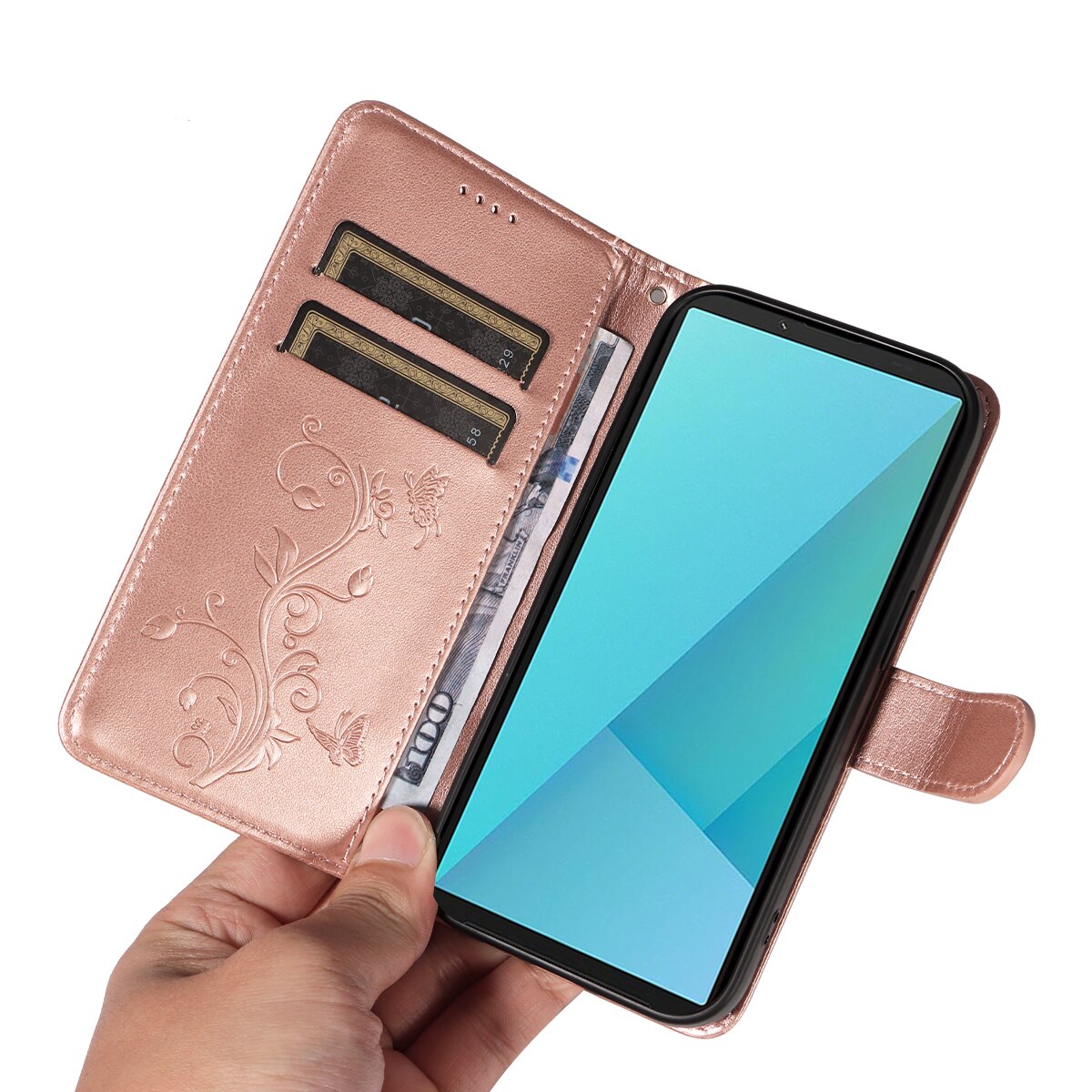 Läderfodral Fjärilar Sony Xperia 10 VII Roséguld