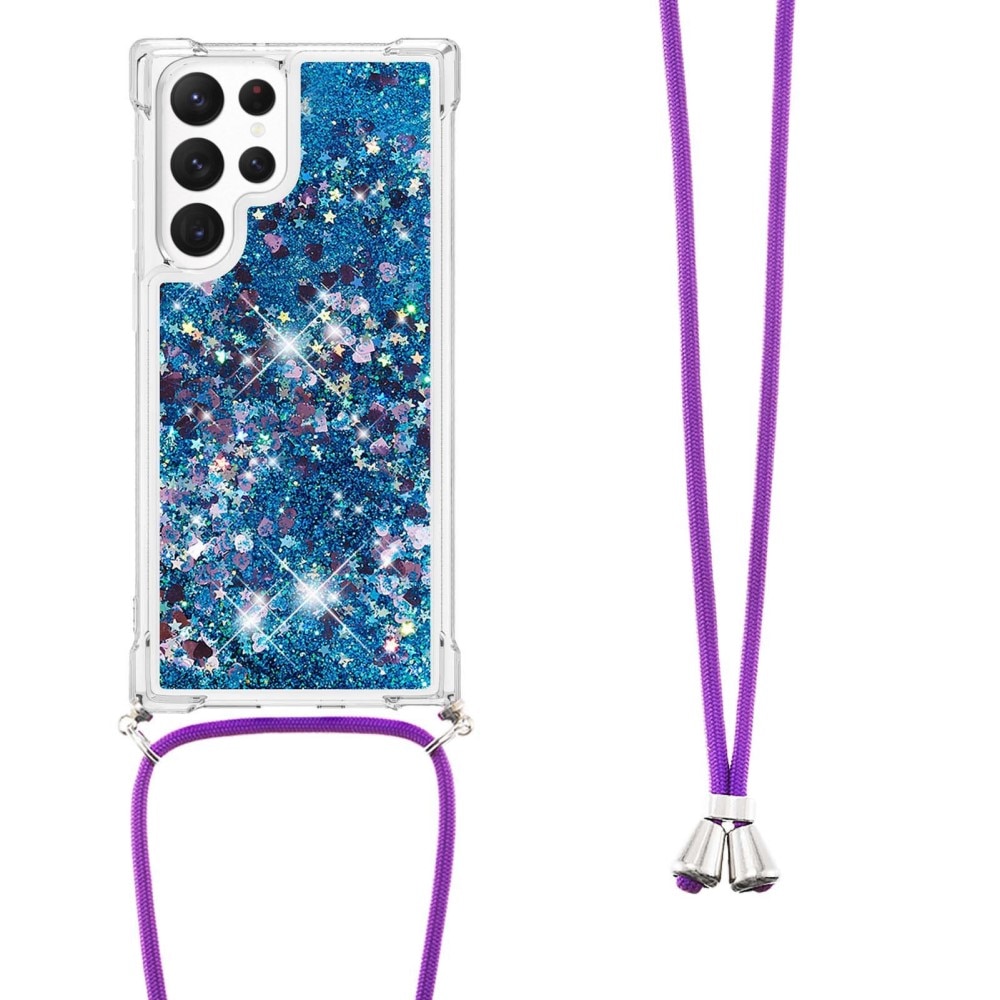 Glitter Powder TPU Skal Halsband Samsung Galaxy S23 Ultra blå