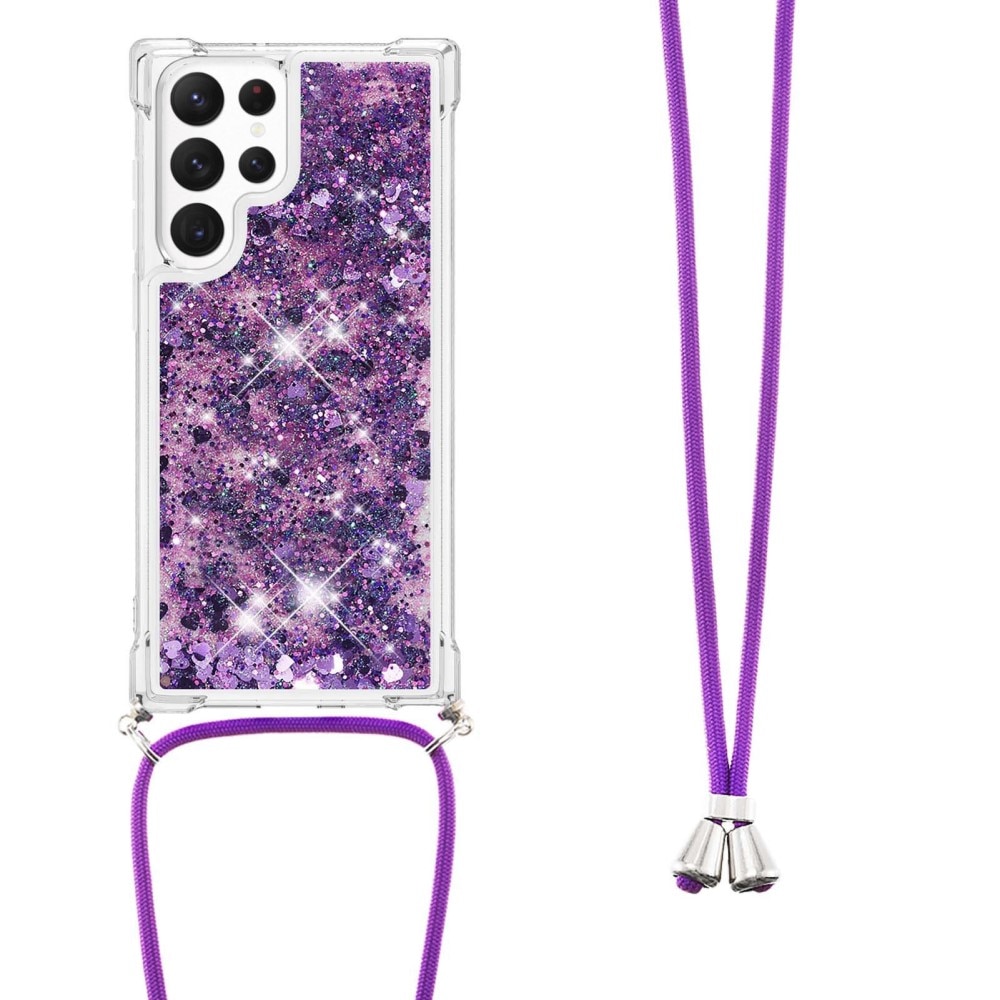 Glitter Powder TPU Skal Halsband Samsung Galaxy S23 Ultra lila