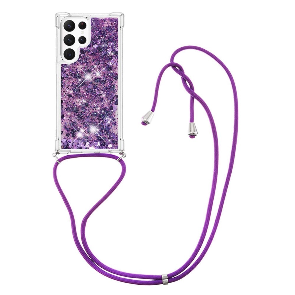 Glitter Powder TPU Skal Halsband Samsung Galaxy S23 Ultra lila