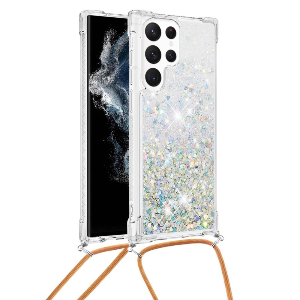 Glitter Powder TPU Skal Halsband Samsung Galaxy S23 Ultra silver