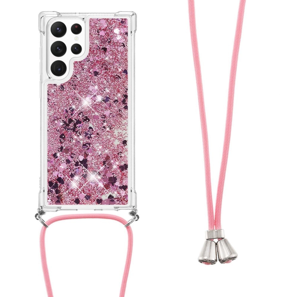 Glitter Powder TPU Skal Halsband Samsung Galaxy S23 Ultra rosa