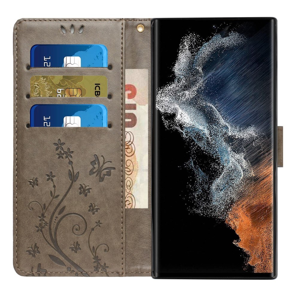 Läderfodral Fjärilar Samsung Galaxy S23 Ultra Grå